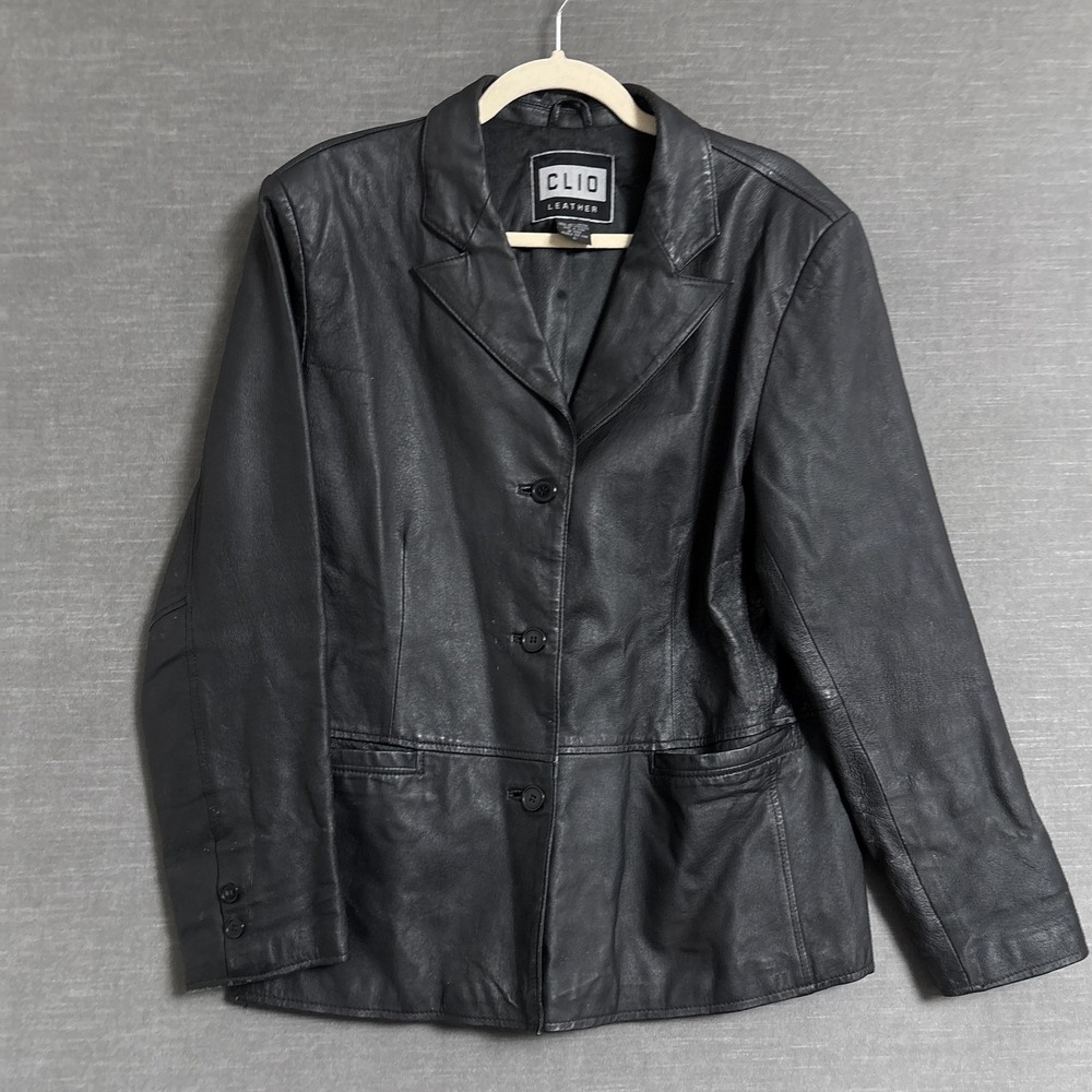 Vintage Clio Leather Jacket Large Black Button Front 90s Y2K Grunge Biker Retro